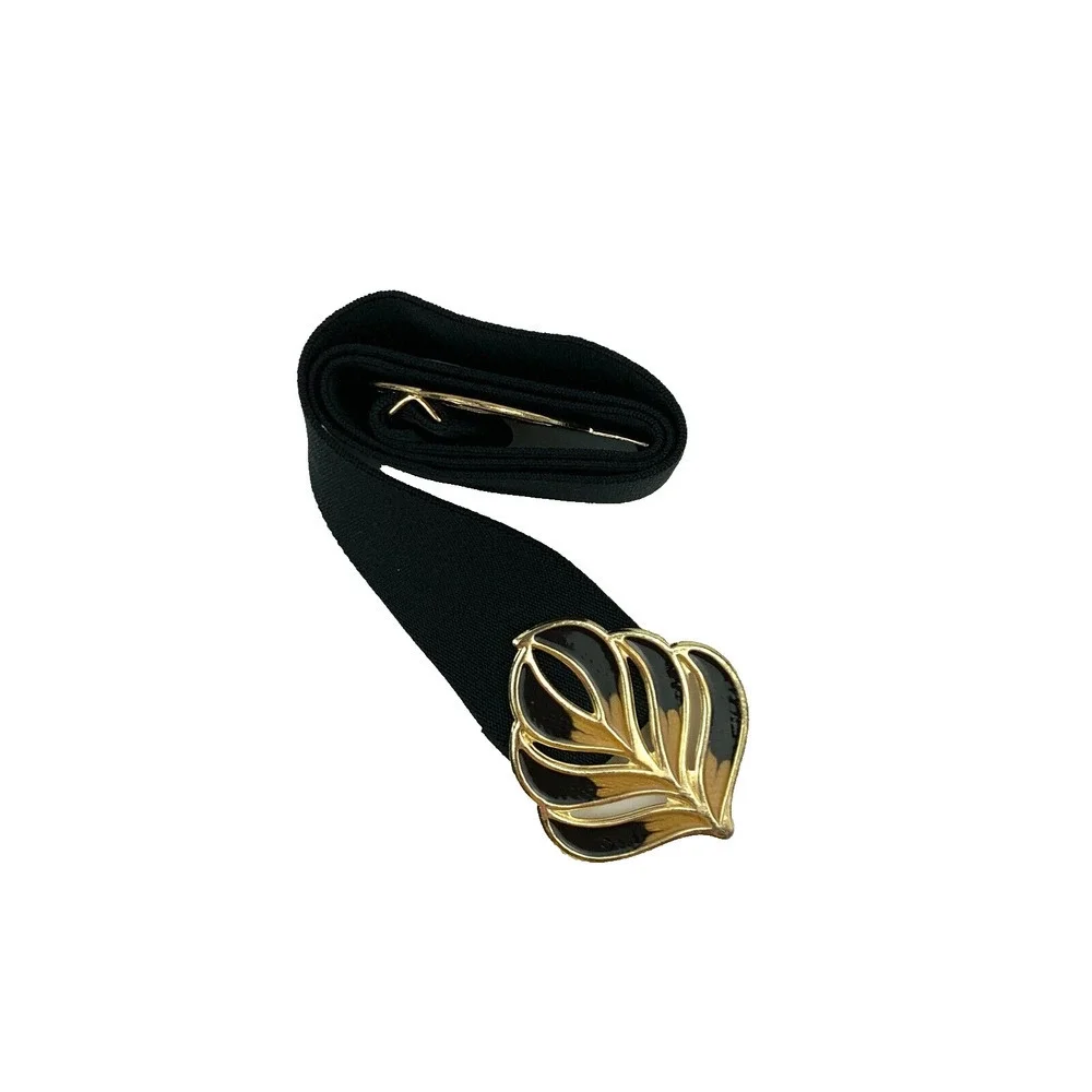 Vintage 80s Black Gold Stretch Enamel Metal Hook Clasp Peacock Feather 31" - Picture 2 of 8